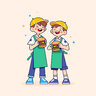 전신 모자 남자 일러스트 청소년 패스트푸드 웃음 두명 노란색 앞치마 햄버거 즐거움 십대남자만 국내일러스트 AI파일 잡화 감정 컬러 표정 사람 인스턴트 남자만 십대만 파일형식 벡터