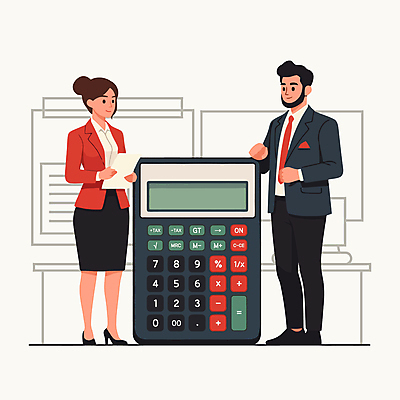 전신 여자 남자 일러스트 비즈니스 정장 성인 두명 금융 경제 계산기 분석 문서 회계 성인만 연말정산 국내일러스트 AI파일 옷 컨셉 문구용품 사람 장비 파일형식 벡터