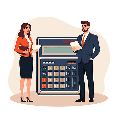 전신 여자 남자 일러스트 비즈니스 들기 정장 성인 두명 금융 계산기 분석 문서 주머니손 회계 성인만 연말정산 국내일러스트 AI파일 옷 컨셉 모션 문구용품 사람 경제 장비 파일형식 벡터