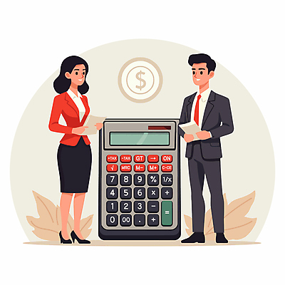 전신 여자 남자 일러스트 비즈니스 들기 정장 성인 두명 금융 경제 계산기 문서 회계 성인만 연말정산 국내일러스트 AI파일 옷 모션 문구용품 사람 장비 파일형식 벡터