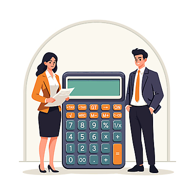 전신 여자 남자 일러스트 비즈니스 들기 정장 성인 두명 금융 경제 계산기 문서 주머니손 회계 성인만 연말정산 국내일러스트 AI파일 옷 모션 문구용품 사람 장비 파일형식 벡터