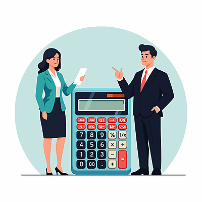 전신 여자 남자 일러스트 비즈니스 들기 정장 성인 두명 금융 경제 계산기 가리킴 문서 주머니손 회계 성인만 연말정산 국내일러스트 AI파일 옷 모션 문구용품 사람 손짓 장비 파일형식 벡터
