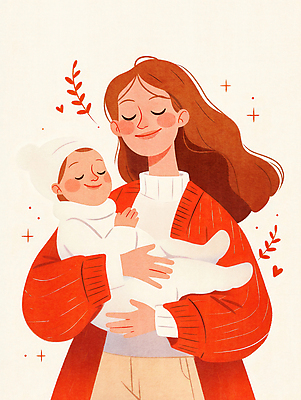 JPG 여자 꽃 행복 일러스트 가족 포옹 엄마 사랑 웃음 성인 두명 빨간색 기쁨 아기 풀잎 모성애 국내일러스트 AI일러스트 AI콘텐츠 식물 감정 컬러 잎 관계 안기 표정 사람 풀_식물 파일형식