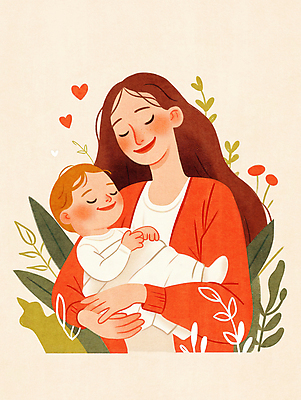 JPG 여자 꽃 행복 일러스트 가족 포옹 엄마 사랑 웃음 성인 두명 빨간색 기쁨 아기 풀잎 모성애 국내일러스트 AI일러스트 AI콘텐츠 식물 감정 컬러 잎 관계 안기 표정 사람 풀_식물 파일형식