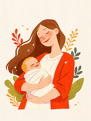 JPG 여자 꽃 행복 일러스트 가족 포옹 엄마 사랑 웃음 성인 두명 빨간색 기쁨 아기 풀잎 모성애 국내일러스트 AI일러스트 AI콘텐츠 식물 감정 컬러 잎 관계 안기 표정 사람 풀_식물 파일형식