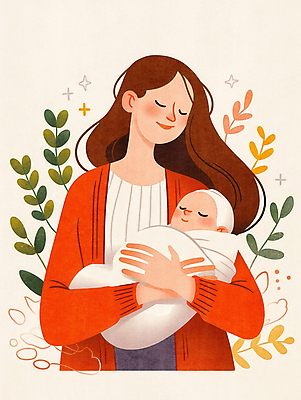 JPG 여자 꽃 행복 일러스트 가족 포옹 엄마 사랑 웃음 성인 두명 빨간색 기쁨 아기 풀잎 모성애 국내일러스트 AI일러스트 AI콘텐츠 식물 감정 컬러 잎 관계 안기 표정 사람 풀_식물 파일형식