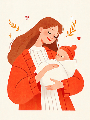 JPG 여자 꽃 행복 일러스트 가족 포옹 엄마 사랑 웃음 성인 두명 빨간색 기쁨 아기 풀잎 모성애 국내일러스트 AI일러스트 AI콘텐츠 식물 감정 컬러 잎 관계 안기 표정 사람 풀_식물 파일형식