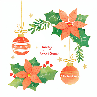 JPG 잎 크리스마스 겨울 일러스트 사람없음 장식 빨간색 초록색 포인세티아 오너먼트 국내일러스트 AI일러스트 AI콘텐츠 식물 계절 기념일 꽃 컬러 크리스마스장식 파일형식