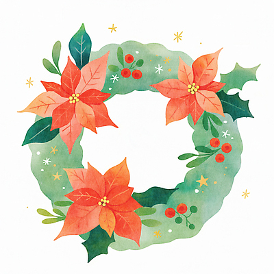 JPG 잎 크리스마스 겨울 일러스트 사람없음 장식 빨간색 초록색 원형 포인세티아 리스장식 오너먼트 국내일러스트 AI일러스트 AI콘텐츠 도형 식물 계절 기념일 꽃 컬러 크리스마스장식 파일형식