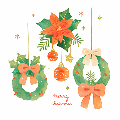 자연요소 도형 식물 계절 기념일 꽃 컬러 크리스마스장식 장식 파일형식 AI콘텐츠 크리스마스 포인세티아 별 리본 오너먼트 잎 겨울 빨간색 JPG 일러스트 국내일러스트 사람없음 리스장식 원형 초록색 AI일러스트