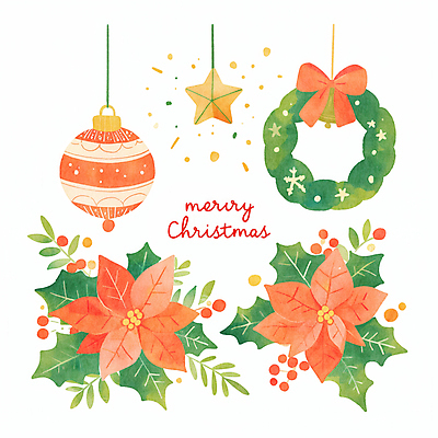 JPG 별 잎 크리스마스 겨울 일러스트 사람없음 장식 빨간색 초록색 원형 포인세티아 리스장식 오너먼트 국내일러스트 AI일러스트 AI콘텐츠 자연요소 도형 식물 계절 기념일 꽃 컬러 크리스마스장식 파일형식