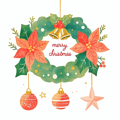 JPG 별 잎 크리스마스 겨울 일러스트 사람없음 장식 빨간색 초록색 원형 포인세티아 리스장식 오너먼트 국내일러스트 AI일러스트 AI콘텐츠 자연요소 도형 식물 계절 기념일 꽃 컬러 크리스마스장식 파일형식