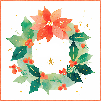 JPG 잎 크리스마스 겨울 일러스트 사람없음 장식 빨간색 초록색 원형 포인세티아 리스장식 오너먼트 국내일러스트 AI일러스트 AI콘텐츠 도형 식물 계절 기념일 꽃 컬러 크리스마스장식 파일형식