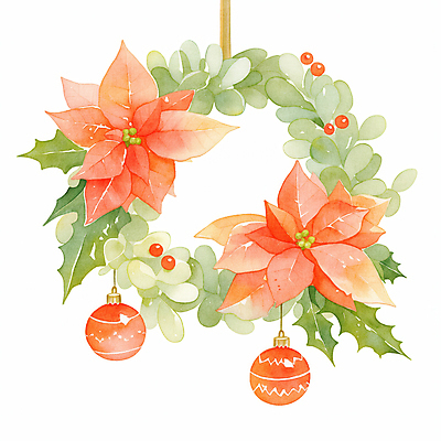 JPG 잎 크리스마스 겨울 일러스트 사람없음 장식 빨간색 초록색 원형 포인세티아 리스장식 오너먼트 국내일러스트 AI일러스트 AI콘텐츠 도형 식물 계절 기념일 꽃 컬러 크리스마스장식 파일형식