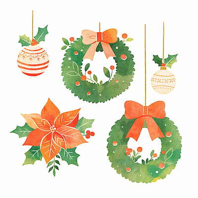 JPG 리본 잎 크리스마스 겨울 일러스트 사람없음 장식 빨간색 초록색 원형 포인세티아 리스장식 오너먼트 국내일러스트 AI일러스트 AI콘텐츠 도형 식물 계절 기념일 꽃 컬러 크리스마스장식 파일형식