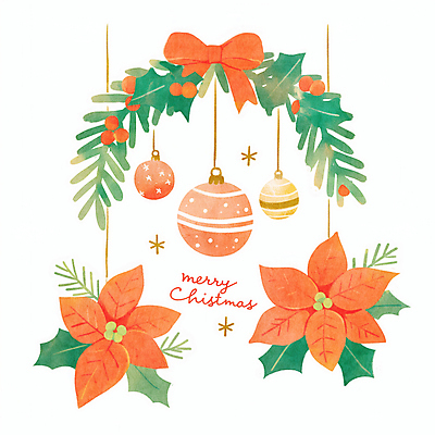 JPG 리본 잎 크리스마스 겨울 일러스트 사람없음 장식 빨간색 초록색 포인세티아 오너먼트 국내일러스트 AI일러스트 AI콘텐츠 식물 계절 기념일 꽃 컬러 크리스마스장식 파일형식