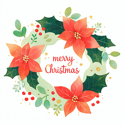 JPG 잎 크리스마스 겨울 일러스트 사람없음 장식 빨간색 초록색 원형 포인세티아 리스장식 오너먼트 국내일러스트 AI일러스트 AI콘텐츠 도형 식물 계절 기념일 꽃 컬러 크리스마스장식 파일형식