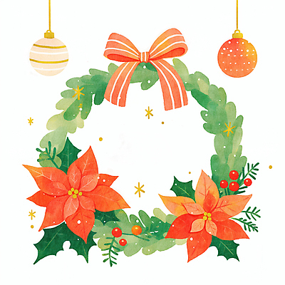 JPG 리본 잎 크리스마스 겨울 일러스트 사람없음 장식 빨간색 초록색 원형 포인세티아 리스장식 오너먼트 국내일러스트 AI일러스트 AI콘텐츠 도형 식물 계절 기념일 꽃 컬러 크리스마스장식 파일형식