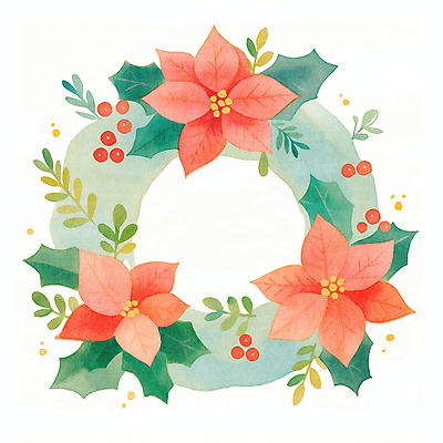 JPG 잎 크리스마스 겨울 일러스트 사람없음 장식 빨간색 초록색 원형 포인세티아 리스장식 오너먼트 국내일러스트 AI일러스트 AI콘텐츠 도형 식물 계절 기념일 꽃 컬러 크리스마스장식 파일형식