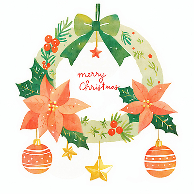 JPG 별 리본 잎 크리스마스 겨울 일러스트 사람없음 장식 빨간색 초록색 원형 포인세티아 리스장식 오너먼트 국내일러스트 AI일러스트 AI콘텐츠 자연요소 도형 식물 계절 기념일 꽃 컬러 크리스마스장식 파일형식