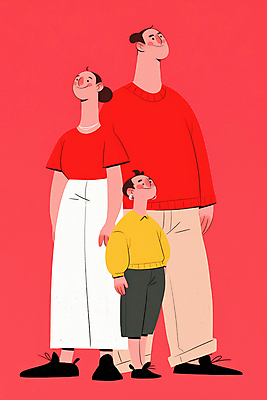 JPG 전신 여자 남자 행복 어린이 일러스트 가족 주택 사랑 미소 소년 성인 일상 빨간색 세명 화목 국내일러스트 AI일러스트 AI콘텐츠 감정 컬러 컨셉 관계 표정 사람 건물 라이프 파일형식