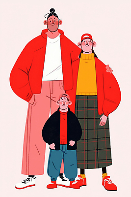 JPG 전신 여자 남자 행복 어린이 일러스트 가족 어깨동무 주택 사랑 미소 소년 성인 일상 빨간색 세명 화목 주머니손 국내일러스트 AI일러스트 AI콘텐츠 감정 컬러 포즈 컨셉 관계 모션 표정 사람 건물 라이프 파일형식