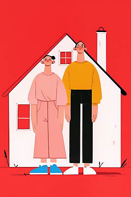 JPG 전신 여자 남자 행복 일러스트 가족 주택 사랑 미소 성인 두명 일상 빨간색 화목 성인만 국내일러스트 AI일러스트 AI콘텐츠 감정 컬러 컨셉 관계 표정 사람 건물 라이프 파일형식