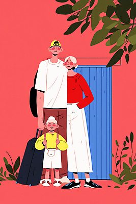 JPG 전신 모자 여자 남자 행복 어린이 일러스트 가족 사랑 미소 소년 성인 일상 빨간색 세명 캐리어 화목 주머니손 국내일러스트 AI일러스트 AI콘텐츠 잡화 감정 컬러 컨셉 관계 모션 표정 사람 라이프 여행가방 파일형식