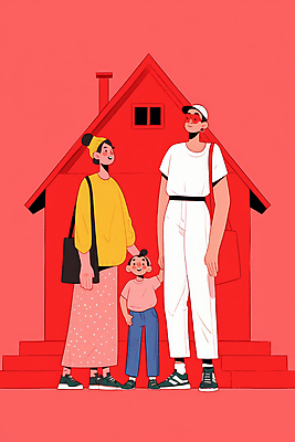 JPG 전신 여자 남자 행복 어린이 가방 일러스트 가족 주택 사랑 미소 소녀 성인 일상 빨간색 세명 화목 국내일러스트 AI일러스트 AI콘텐츠 잡화 감정 컬러 컨셉 관계 표정 사람 건물 라이프 파일형식