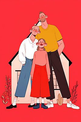 JPG 전신 여자 남자 행복 어린이 일러스트 가족 주택 사랑 미소 소녀 성인 일상 빨간색 세명 화목 주머니손 국내일러스트 AI일러스트 AI콘텐츠 감정 컬러 컨셉 관계 모션 표정 사람 건물 라이프 파일형식