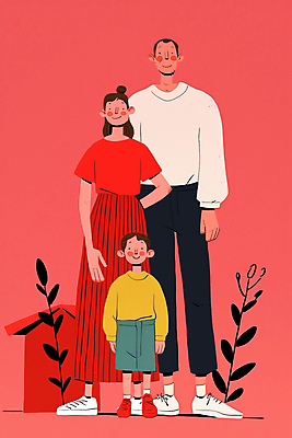 JPG 전신 여자 남자 행복 어린이 일러스트 가족 사랑 미소 소년 성인 일상 빨간색 세명 화목 국내일러스트 AI일러스트 AI콘텐츠 감정 컬러 컨셉 관계 표정 사람 라이프 파일형식