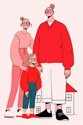 JPG 전신 여자 남자 행복 어린이 일러스트 가족 어깨동무 주택 사랑 미소 소녀 성인 일상 빨간색 세명 화목 국내일러스트 AI일러스트 AI콘텐츠 감정 컬러 포즈 컨셉 관계 표정 사람 건물 라이프 파일형식