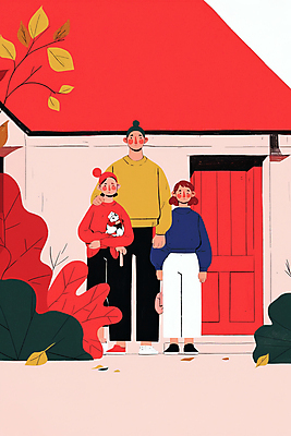 JPG 전신 여자 남자 행복 어린이 일러스트 가족 안기 어깨동무 주택 사랑 미소 소녀 성인 일상 빨간색 세명 화목 강아지 국내일러스트 AI일러스트 AI콘텐츠 감정 컬러 포즈 컨셉 관계 모션 표정 사람 건물 라이프 반려동물 개 파일형식