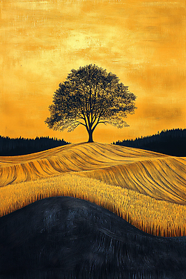 JPG 나무 편집이미지 자연 풍경 초원 사람없음 평화 고요 금색 가을 언덕 드로잉 풍경화 편집실사 식물 계절 컬러 컨셉 미술 CG 그림 생태계 파일형식