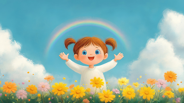 JPG 구름 여자 꽃 행복 어린이 무지개 일러스트 자연 하늘 팔벌리기 동화 한명 웃음 소녀 잔디 평화 만세 동심 국내일러스트 AI일러스트 AI콘텐츠 자연요소 식물 1 감정 컨셉 모션 표정 사람 생태계 파일형식