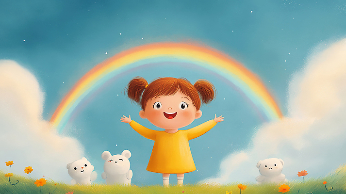 JPG 전신 동물 구름 여자 꽃 행복 어린이 무지개 일러스트 자연 하늘 팔벌리기 동화 한명 웃음 소녀 잔디 평화 만세 동심 국내일러스트 AI일러스트 AI콘텐츠 자연요소 식물 1 감정 컨셉 모션 표정 사람 생태계 파일형식