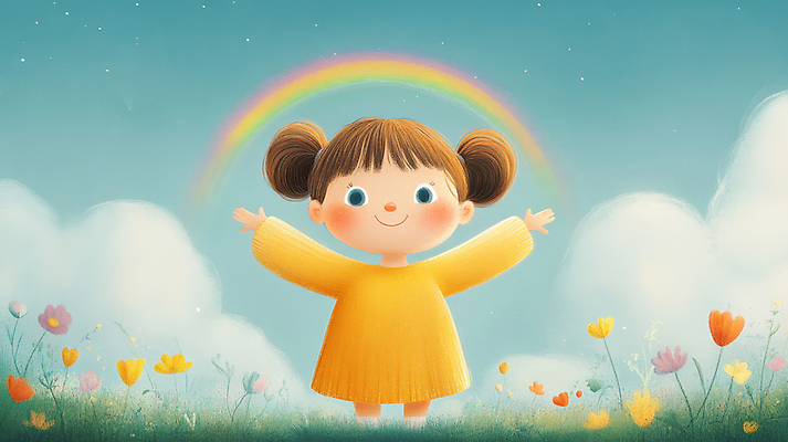 JPG 전신 구름 여자 꽃 행복 어린이 무지개 일러스트 자연 하늘 팔벌리기 동화 한명 웃음 소녀 잔디 평화 만세 동심 국내일러스트 AI일러스트 AI콘텐츠 자연요소 식물 1 감정 컨셉 모션 표정 사람 생태계 파일형식