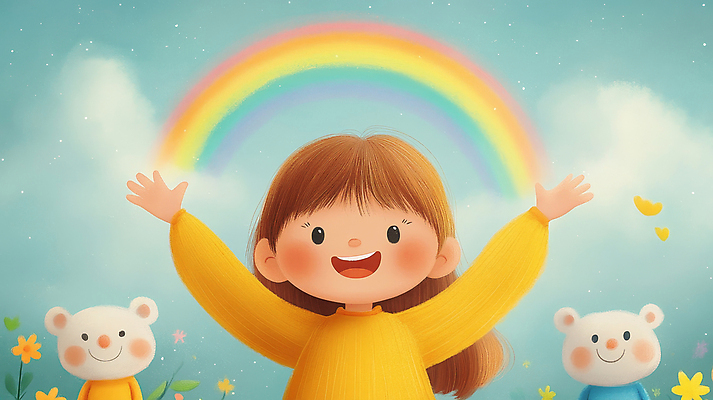 JPG 동물 구름 여자 꽃 행복 어린이 무지개 일러스트 자연 하늘 팔벌리기 동화 한명 웃음 소녀 잔디 평화 만세 동심 국내일러스트 AI일러스트 AI콘텐츠 자연요소 식물 1 감정 컨셉 모션 표정 사람 생태계 파일형식