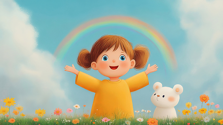 JPG 전신 동물 구름 여자 꽃 행복 어린이 무지개 일러스트 자연 하늘 팔벌리기 동화 한명 웃음 소녀 잔디 평화 만세 동심 국내일러스트 AI일러스트 AI콘텐츠 자연요소 식물 1 감정 컨셉 모션 표정 사람 생태계 파일형식