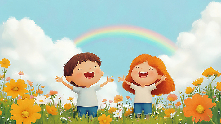 JPG 전신 구름 여자 남자 꽃 행복 어린이 무지개 일러스트 자연 하늘 팔벌리기 동화 웃음 소녀 소년 잔디 두명 평화 만세 어린이만 동심 국내일러스트 AI일러스트 AI콘텐츠 자연요소 식물 감정 컨셉 모션 표정 사람 생태계 파일형식
