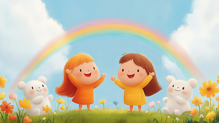 JPG 전신 구름 여자 꽃 행복 어린이 인형 무지개 일러스트 자연 하늘 팔벌리기 동화 웃음 소녀 잔디 두명 평화 만세 소녀만 동심 국내일러스트 AI일러스트 AI콘텐츠 자연요소 식물 감정 컨셉 모션 표정 사람 생태계 여자만 어린이만 파일형식