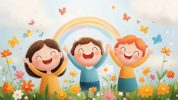 JPG 전신 구름 여자 남자 꽃 행복 어린이 나비 무지개 일러스트 자연 하늘 팔벌리기 동화 웃음 소녀 소년 잔디 세명 평화 만세 어린이만 동심 국내일러스트 AI일러스트 AI콘텐츠 자연요소 식물 감정 곤충 컨셉 모션 표정 사람 생태계 파일형식