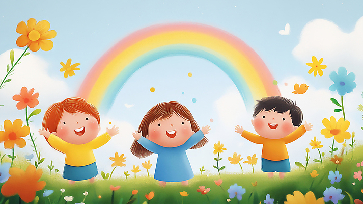 JPG 전신 구름 여자 남자 꽃 행복 어린이 무지개 일러스트 자연 하늘 팔벌리기 동화 웃음 소녀 소년 잔디 세명 평화 만세 어린이만 동심 국내일러스트 AI일러스트 AI콘텐츠 자연요소 식물 감정 컨셉 모션 표정 사람 생태계 파일형식