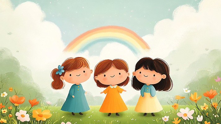 JPG 전신 구름 여자 꽃 행복 어린이 무지개 일러스트 자연 하늘 동화 웃음 소녀 잔디 세명 평화 소녀만 동심 국내일러스트 AI일러스트 AI콘텐츠 자연요소 식물 감정 컨셉 표정 사람 생태계 여자만 어린이만 파일형식