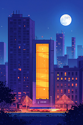 JPG 야경 일러스트 창문 밤하늘 사람없음 건물 파란색 빛 도시풍경 고층빌딩 보름달 도시 옥상 국내일러스트 AI일러스트 AI콘텐츠 건축물 컬러 하늘 풍경 빌딩 달 야간 파일형식 풍경_경치