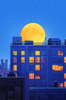 JPG 야경 일러스트 창문 밤하늘 사람없음 건물 파란색 빛 도시풍경 고층빌딩 보름달 도시 옥상 국내일러스트 AI일러스트 AI콘텐츠 건축물 컬러 하늘 풍경 빌딩 달 야간 파일형식 풍경_경치