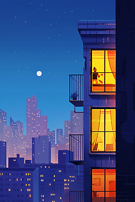 JPG 남자 실루엣 야경 일러스트 창문 밤하늘 한명 성인 건물 파란색 빛 도시풍경 고층빌딩 보름달 도시 옥상 성인남자한명만 국내일러스트 AI일러스트 AI콘텐츠 1 건축물 컬러 하늘 촬영기법 사람 풍경 빌딩 달 야간 남자한명만 성인남자만 파일형식 풍경_경치