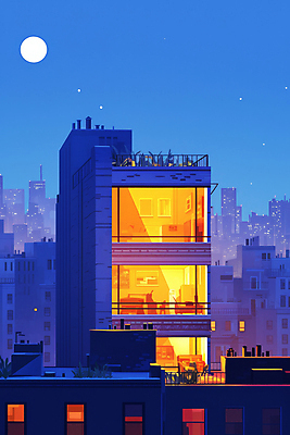 JPG 야경 일러스트 창문 밤하늘 사람없음 건물 파란색 빛 도시풍경 고층빌딩 보름달 도시 옥상 국내일러스트 AI일러스트 AI콘텐츠 건축물 컬러 하늘 풍경 빌딩 달 야간 파일형식 풍경_경치