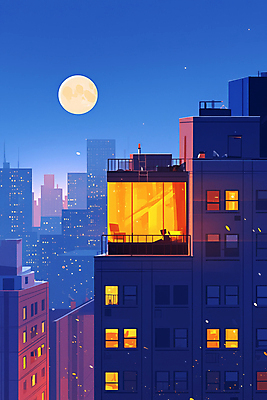 JPG 야경 일러스트 창문 밤하늘 사람없음 건물 파란색 빛 도시풍경 고층빌딩 보름달 도시 옥상 국내일러스트 AI일러스트 AI콘텐츠 건축물 컬러 하늘 풍경 빌딩 달 야간 파일형식 풍경_경치