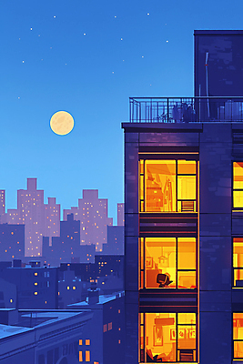 JPG 야경 일러스트 창문 밤하늘 사람없음 건물 파란색 빛 도시풍경 고층빌딩 보름달 도시 옥상 국내일러스트 AI일러스트 AI콘텐츠 건축물 컬러 하늘 풍경 빌딩 달 야간 파일형식 풍경_경치